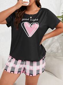 Plus Heart & Slogan Graphic Tee & Plaid Print Shorts PJ Set / Pajama Set - Multicolor - View 5
