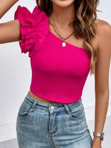 Chiquease One Shoulder Ruffle Trim Crop Top - Hot Pink - View 5
