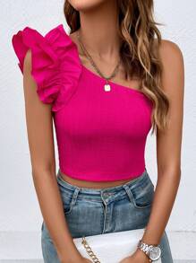 Chiquease One Shoulder Ruffle Trim Crop Top - Hot Pink - View 6