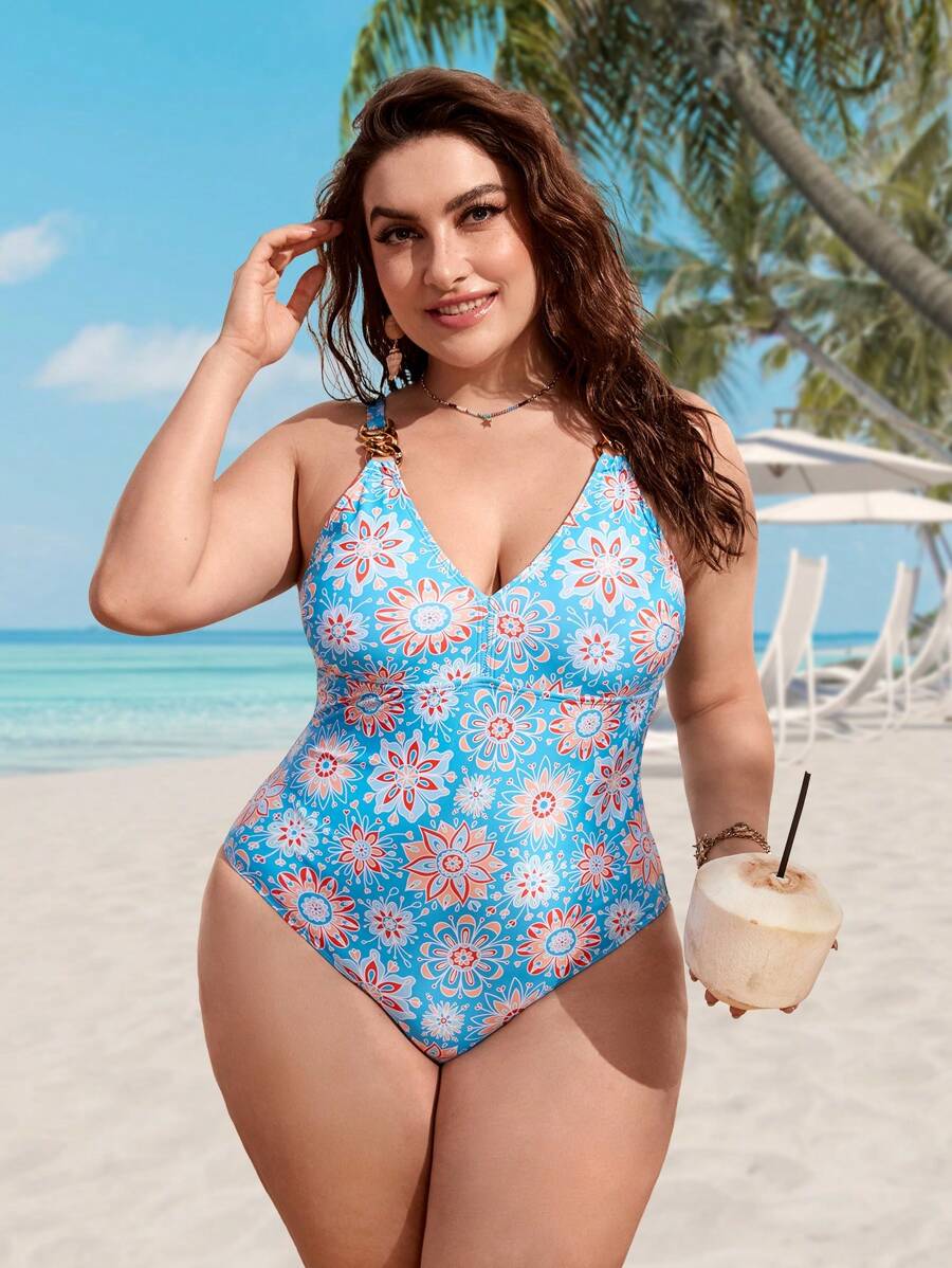 SHEIN Swim Curve 大碼印花環鏈連體泳衣 - 藍色 - 查看 1