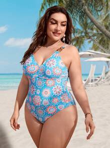 SHEIN Swim Curve 大碼印花環鏈連體泳衣 - 藍色 - 查看 3