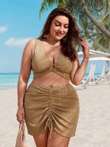 Swim Lushoire Conjunto De Bikini Vinculado A Anillo De Talla Grande De Summer Beach Con Falda De Playa - Caqui - Ver 5