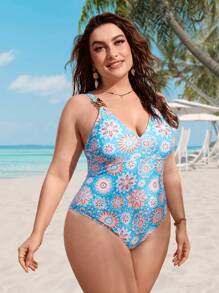 SHEIN Swim Curve 大碼印花環鏈連體泳衣 - 藍色 - 查看 4