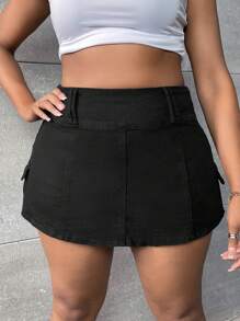 SHEIN SXY Plus High Waist Flap Pocket Side Denim Skort - Black - View 3