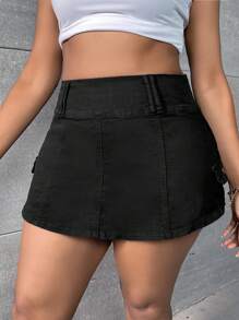 SHEIN SXY Plus High Waist Flap Pocket Side Denim Skort - Black - View 4