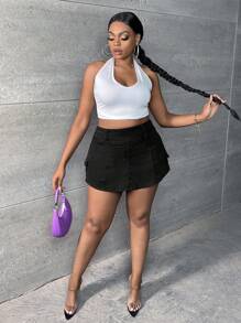 SHEIN SXY Plus High Waist Flap Pocket Side Denim Skort - Black - View 6