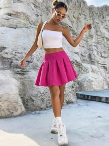 SHEIN Unity Váy nữ Xếp li màu trơn Giải trí - Màu Hồng Tươi - Xem 3