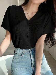 DAZY Camiseta De Punto Con Cuello En V Sólido, Mangas Murciélago Y Acanalado - Negro - Ver 2