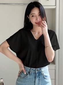 DAZY Camiseta De Punto Con Cuello En V Sólido, Mangas Murciélago Y Acanalado - Negro - Ver 3