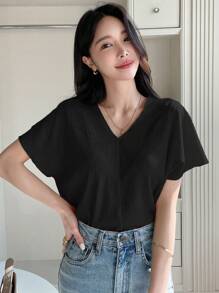 DAZY Camiseta De Punto Con Cuello En V Sólido, Mangas Murciélago Y Acanalado - Negro - Ver 4