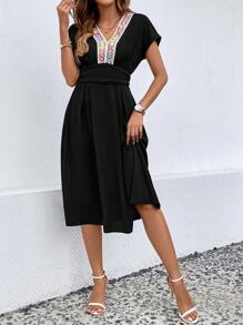 SHEIN VCAY Đầm Thêu Ruy băng Hoa Boho - màu đen - Xem 4