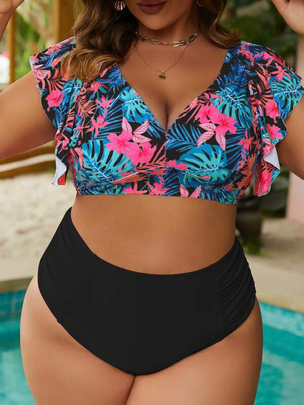 Swim Vcay 大尺碼熱帶印花荷葉邊比基尼套裝，夏日海灘必備