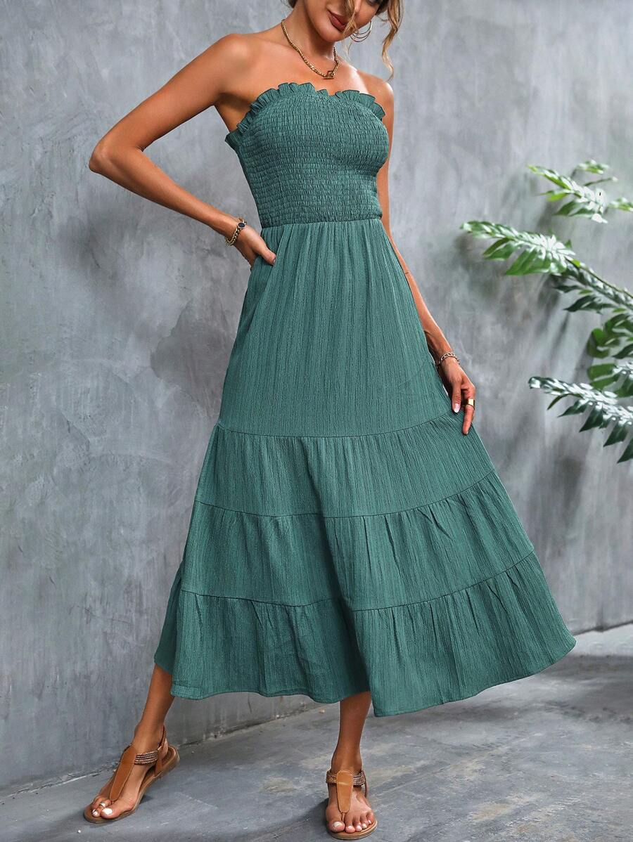 SHEIN VCAY Đầm viền lá sen Viên lá sen Dải chun màu trơn Giải trí - màu xanh lá - Xem 1