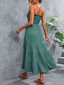 SHEIN VCAY Đầm viền lá sen Viên lá sen Dải chun màu trơn Giải trí - màu xanh lá - Xem 2