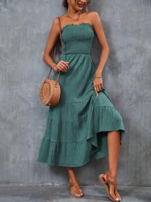 SHEIN VCAY Đầm viền lá sen Viên lá sen Dải chun màu trơn Giải trí - màu xanh lá - Xem 3