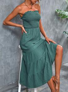 SHEIN VCAY Đầm viền lá sen Viên lá sen Dải chun màu trơn Giải trí - màu xanh lá - Xem 4