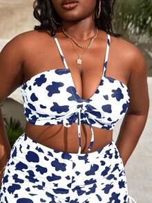 Plus Cow Print Drawstring Front Bikini Top, For Summer Beach Vacation - Blue and White - View 3
