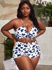 Plus Cow Print Drawstring Front Bikini Top, For Summer Beach Vacation - Blue and White - View 4