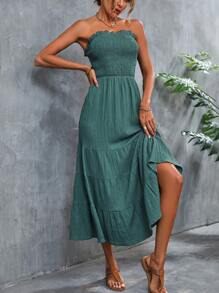 SHEIN VCAY Đầm viền lá sen Viên lá sen Dải chun màu trơn Giải trí - màu xanh lá - Xem 5