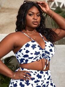 Plus Cow Print Drawstring Front Bikini Top, For Summer Beach Vacation - Blue and White - View 5