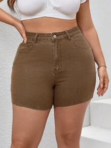 SHEIN Essnce Quần short denim oversized Nút Túi Hem thô màu trơn - màu nâu - Xem 5