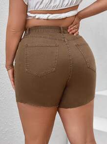 SHEIN Essnce Quần short denim oversized Nút Túi Hem thô màu trơn - màu nâu - Xem 4