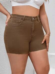 SHEIN Essnce Quần short denim oversized Nút Túi Hem thô màu trơn - màu nâu - Xem 2