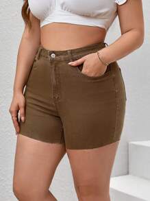 SHEIN Essnce Quần short denim oversized Nút Túi Hem thô màu trơn - màu nâu - Xem 3