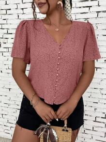 SHEIN LUNE 大碼斑點印花前紐扣泡泡袖襯衫