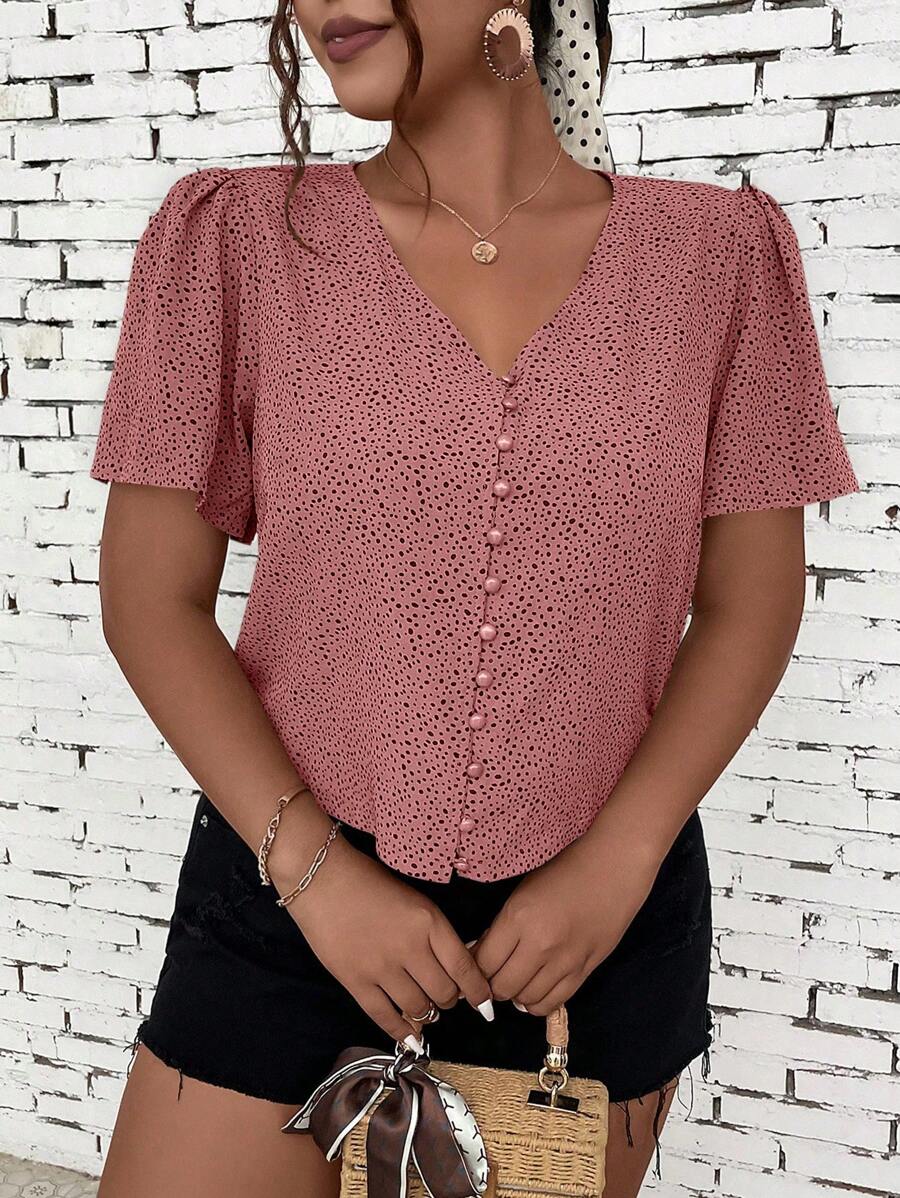 SHEIN LUNE 大碼斑點印花前紐扣泡泡袖襯衫