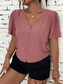SHEIN LUNE 大碼斑點印花前紐扣泡泡袖襯衫