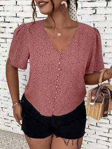 SHEIN LUNE 大碼斑點印花前紐扣泡泡袖襯衫