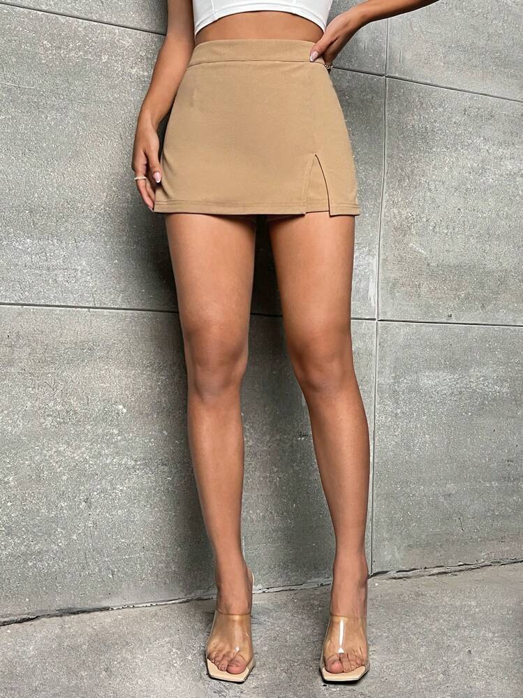 SHEIN PETITE Split Hem Skort - Khaki - View 1