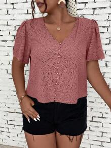 SHEIN LUNE 大碼斑點印花前紐扣泡泡袖襯衫