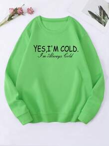 SHEIN Essnce 標語圖案加絨內裏運動衫 - 青檸色 - 查看 1