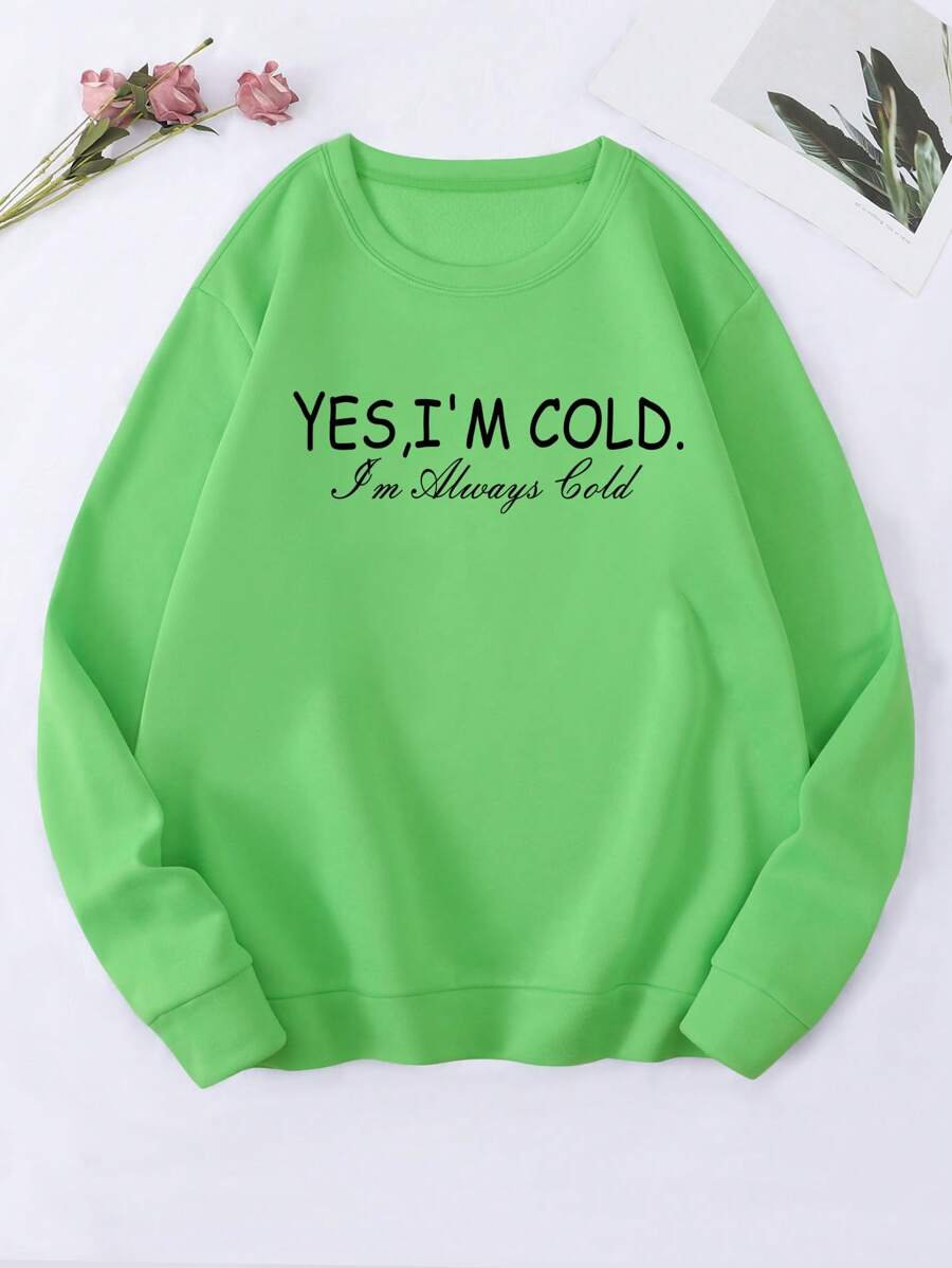 SHEIN Essnce 標語圖案加絨內裏運動衫 - 青檸色 - 查看 1