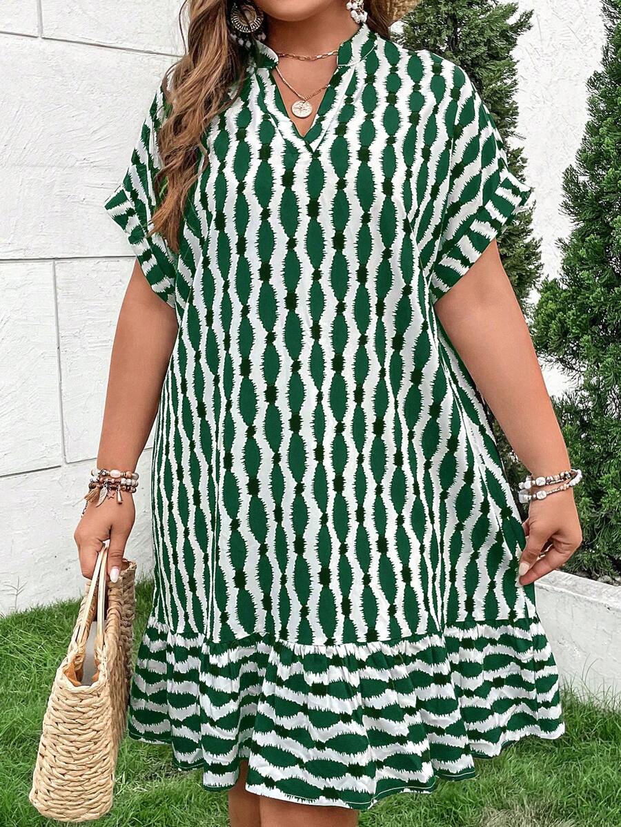 SHEIN LUNE Đầm Plus Size Viên lá sen Tất cả trên in Dễ thương - màu xanh lá - Xem 1