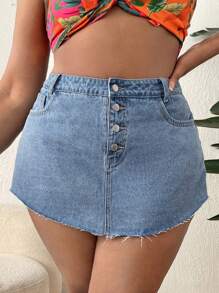 SHEIN SXY 大碼紐扣門襟毛邊緣牛仔裙褲 - 淺色水洗藍 - 查看 1