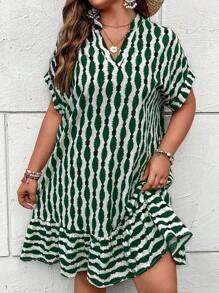 SHEIN LUNE Đầm Plus Size Viên lá sen Tất cả trên in Dễ thương - màu xanh lá - Xem 4