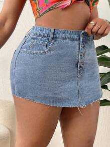 SHEIN SXY 大碼紐扣門襟毛邊緣牛仔裙褲 - 淺色水洗藍 - 查看 4