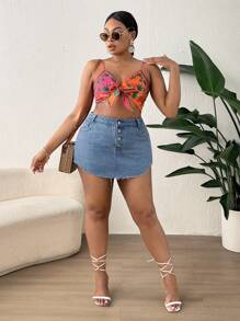 SHEIN SXY 大碼紐扣門襟毛邊緣牛仔裙褲 - 淺色水洗藍 - 查看 5