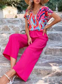 SHEIN LUNE Graphic Print Batwing Sleeve Blouse & Wide Leg Trousers - Hot Pink - View 1