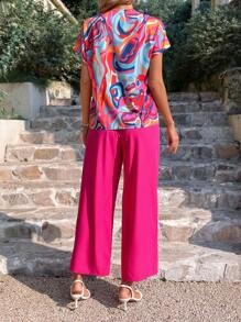 SHEIN LUNE Graphic Print Batwing Sleeve Blouse & Wide Leg Trousers - Hot Pink - View 2