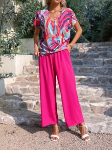 SHEIN LUNE Graphic Print Batwing Sleeve Blouse & Wide Leg Trousers - Hot Pink - View 3