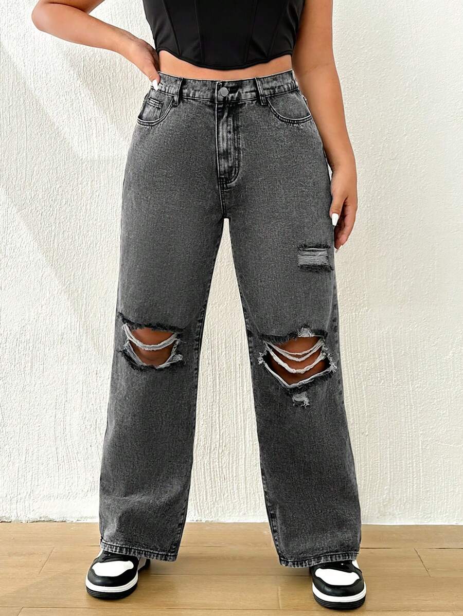 SHEIN ICON Plus High Waist Ripped Wide Leg Jeans - Dark Grey - View 1