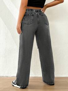 SHEIN ICON Plus High Waist Ripped Wide Leg Jeans - Dark Grey - View 2