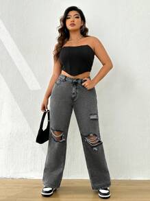 SHEIN ICON Plus High Waist Ripped Wide Leg Jeans - Dark Grey - View 3