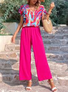 SHEIN LUNE Graphic Print Batwing Sleeve Blouse & Wide Leg Trousers - Hot Pink - View 6