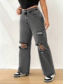 SHEIN ICON Plus High Waist Ripped Wide Leg Jeans - Dark Grey - View 4