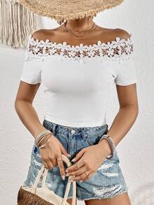 SHEIN VCAY 一字肩鏤空蕾絲花邊T恤 - 白色 - 查看 5